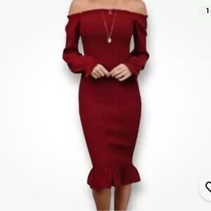 Baltic born Esther smocked long sleeve off shoulder ruffle hem midi dress new 3x